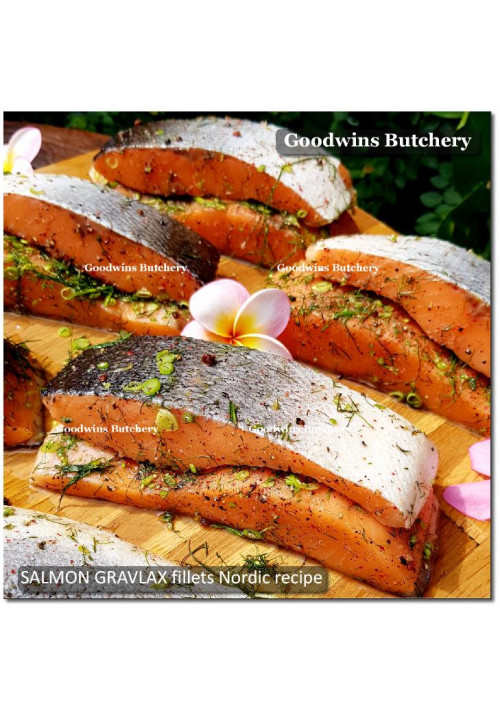 Salmon GRAVLAX fillet boneless Nordic recipe chilled MADE TO ORDER 1 & 2 inch (price/500g)